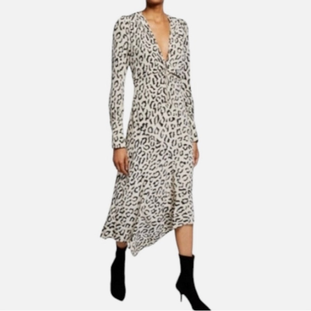 Silk Dress ALC Eden Leopard Print Cream Black Zip Front Silk midi Midaxi sz 4